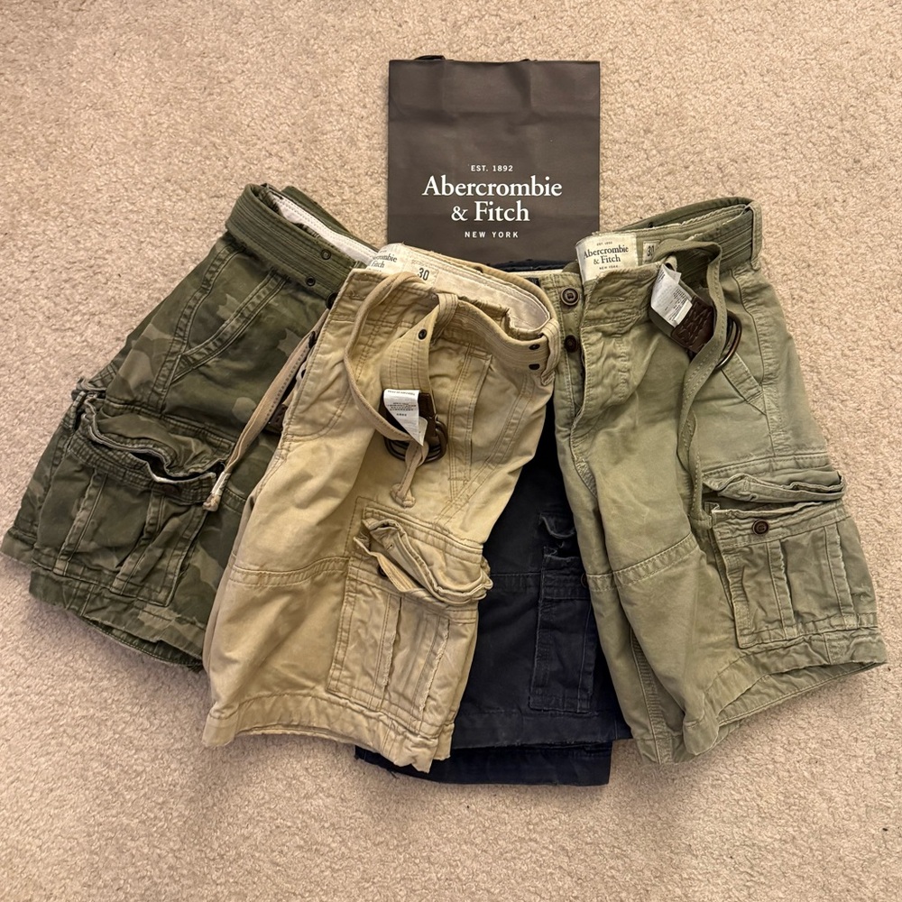 Abercrombie & Fitch Cargo Shorts BUNDLE- Olive, Khaki, Charcoal, Navy